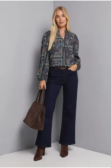 Petite Paisley Collarless Zip Blouse