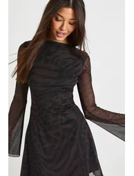 Tonal Mixed Animal Mesh Flared Sleeve Maxi Dress - espresso - 3