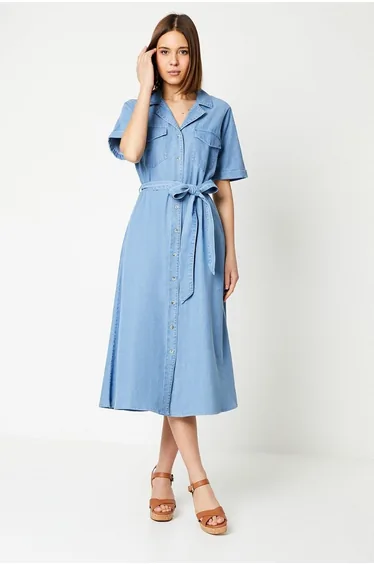 Denim Belted Button Through Midi Dress