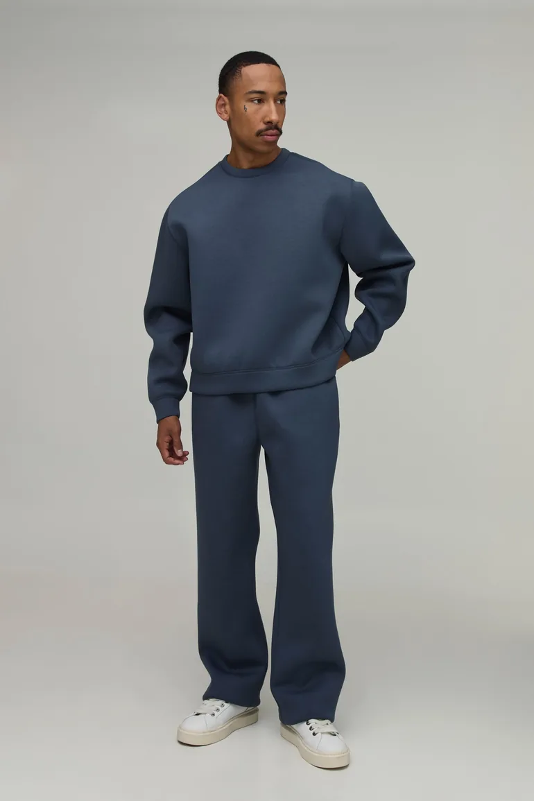 Oversized Boxy Crew Neck Scuba Sweatshirt And Straight Leg Tracksuit - slate