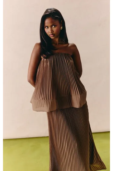 Taupe Chiffon Plisse Structured Bandeau Top