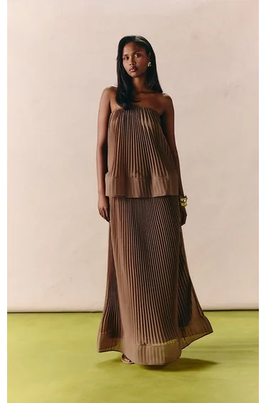 Taupe Chiffon Plisse Structured Bandeau Top