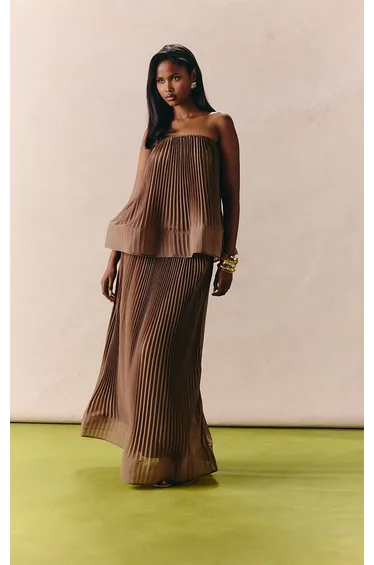 Taupe Chiffon Plisse Structured Bandeau Top