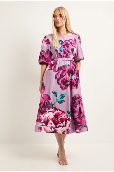 Petite Floral Twill Belted Dress