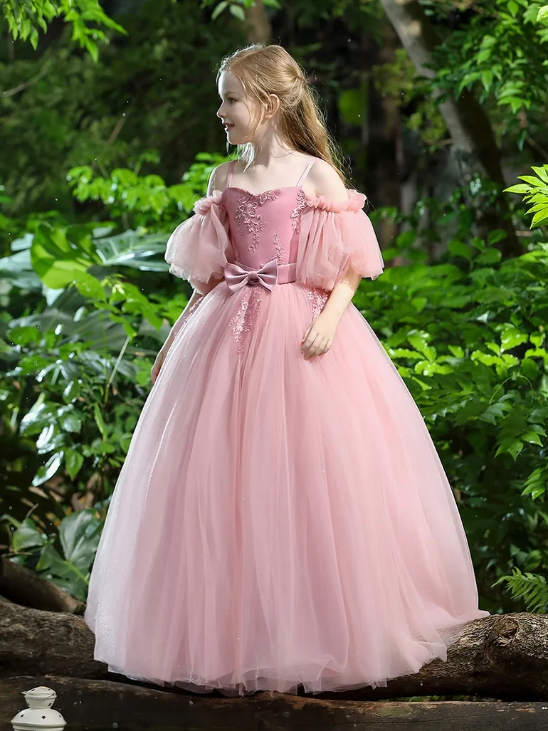 Girls Pink Embellished Lace Bow Detail Dress - 6