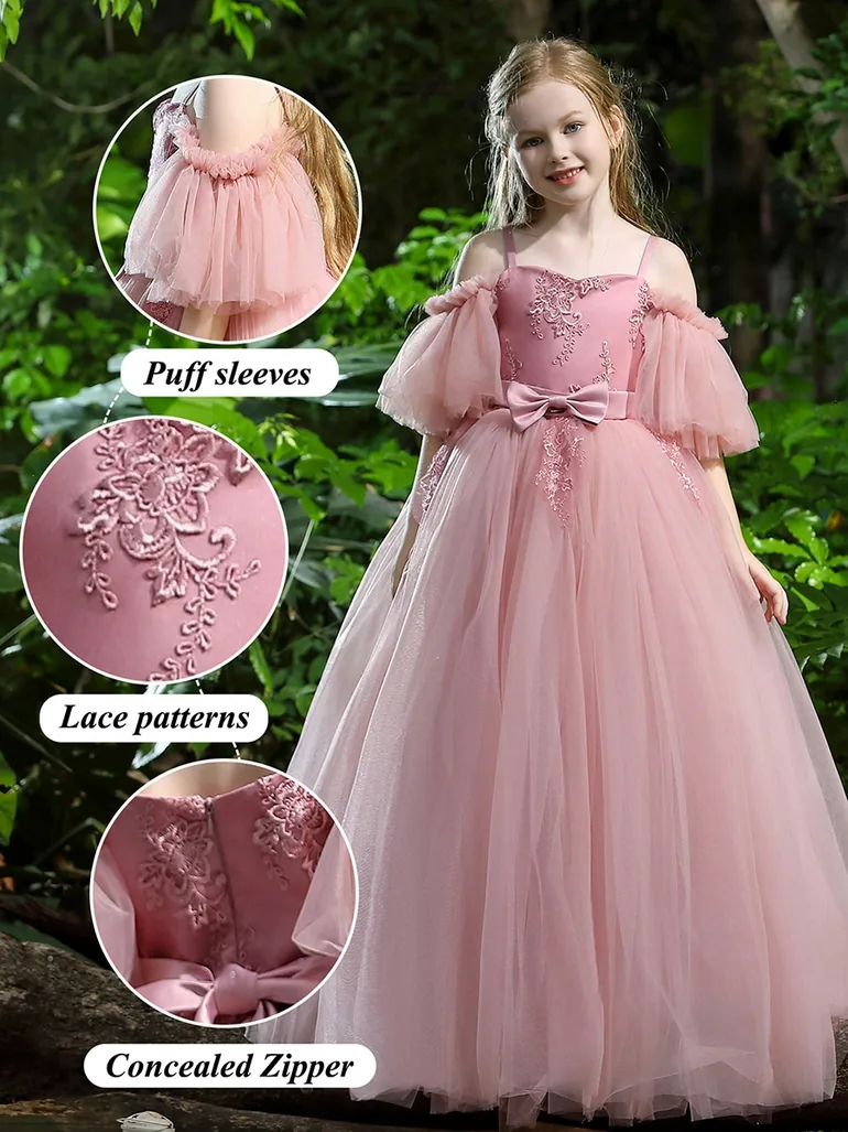 Girls Pink Embellished Lace Bow Detail Dress - 2
