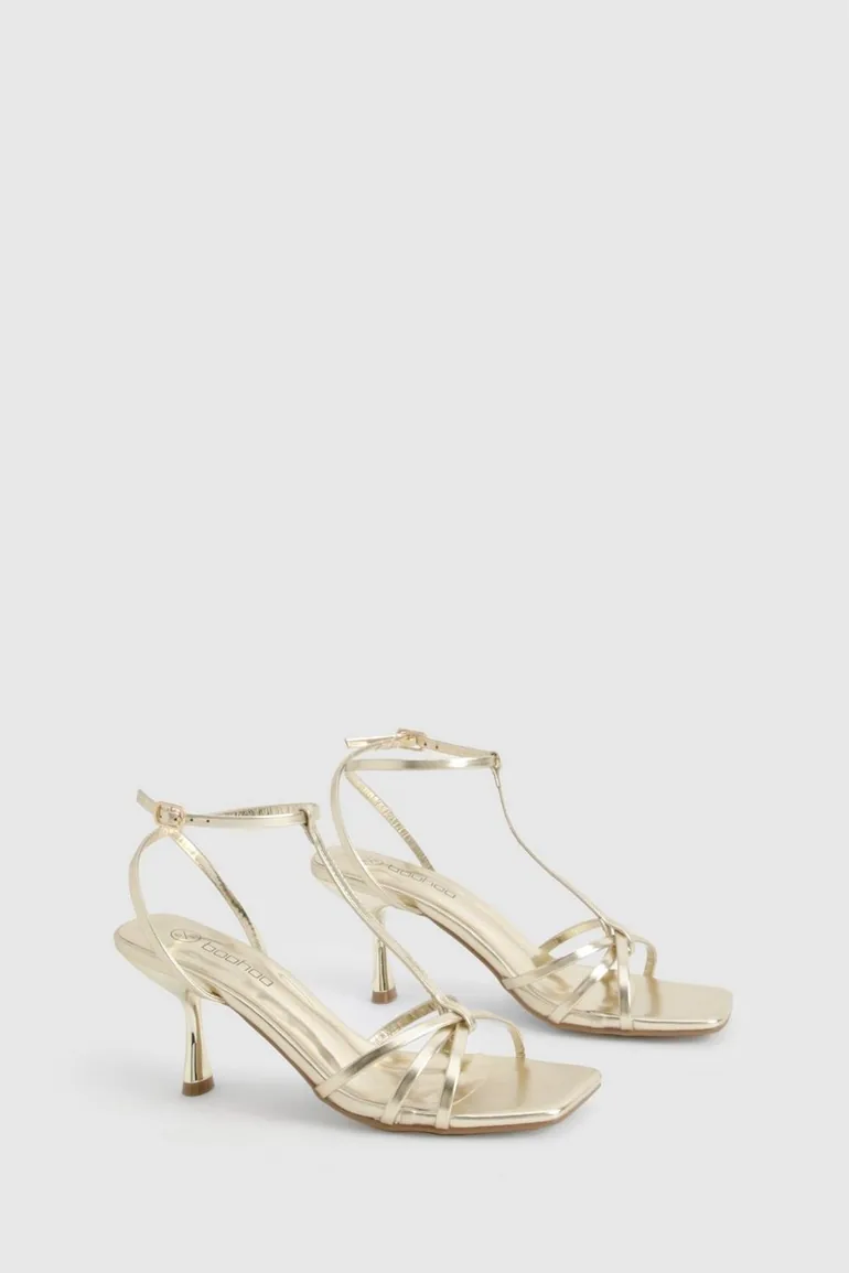 Metallic Knot Detail T Bar Mid Height Sandals - gold - 1