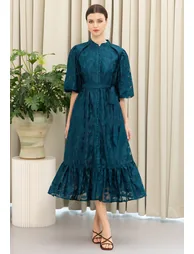 Floral Knitted Lace Puff Sleeves Tie-Waist Maxi Dress in Teal for Dinner Gatherings & Celebrations