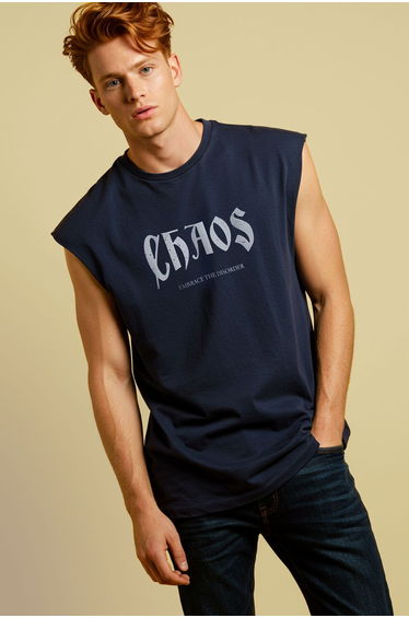 Navy Blue Oversize/Wide Cut Chaos Printed 100% Cotton Undershirt