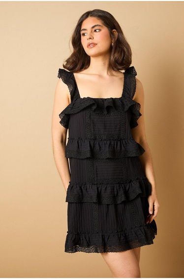Broderie Tiered Detail Strappy Mini Dress