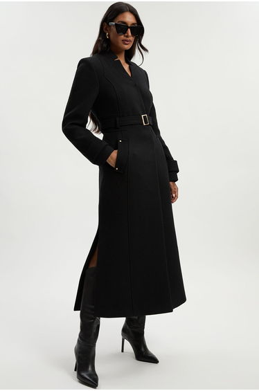 Wool Investment Notch Neck Belted Detail Tailored Maxi Coat