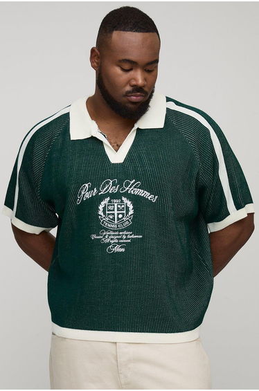 Plus Oversized Boxy Embroidered Knitted Football Shirt - forest