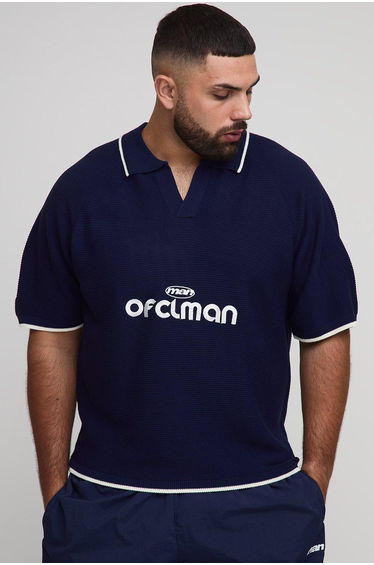 Plus Ribbed Knit Embroidered Football Shirt - navy