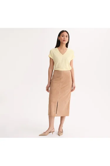 Goatskin Suede Straight Midi Skirt