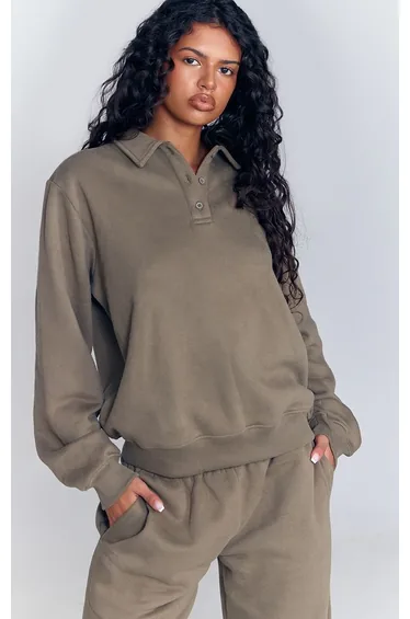 Olive Green Polo Button Sweatshirt