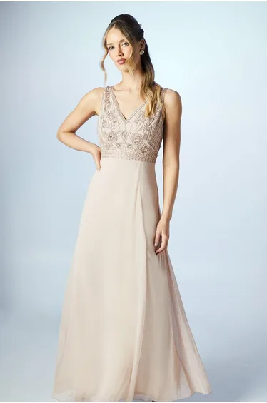 V Neck Embellished Bodice Georgette Dress