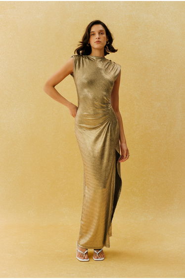 Midnight Lover Gold Sleeveless High Slit Maxi Dress