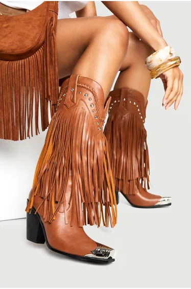 Western Stud Fringe Toe Cap Western Boots