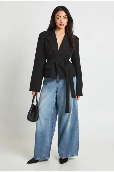Tie Waist Boxy Blazer - black