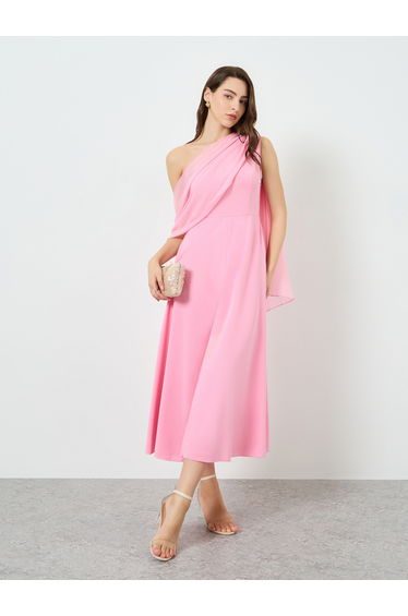Women Pink Fitted Waist Cape Sleeve Midi Dress