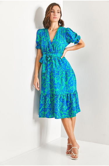 Women's Elastic Sleeve Multi Patterned Belted Dress