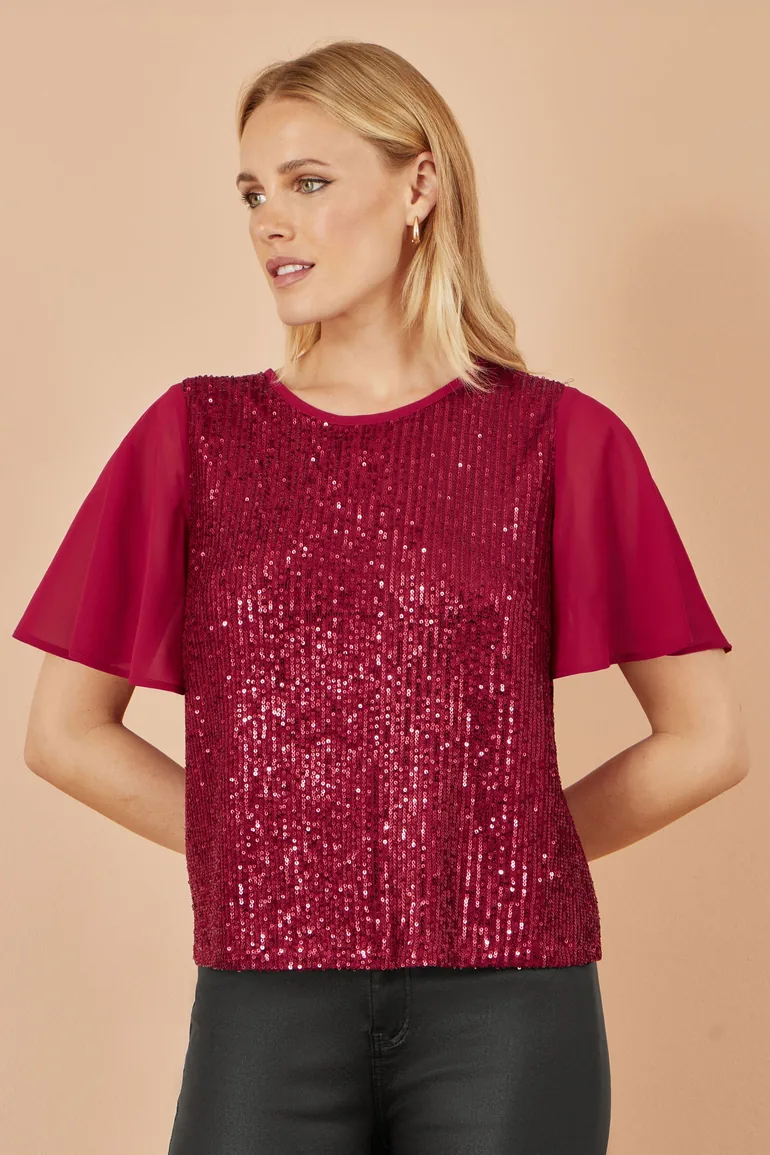 Yumi Burgundy Sequin Top With Sheer Sleeves And Cut Out Back - 2