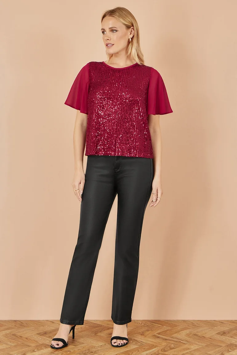 Yumi Burgundy Sequin Top With Sheer Sleeves And Cut Out Back - 9