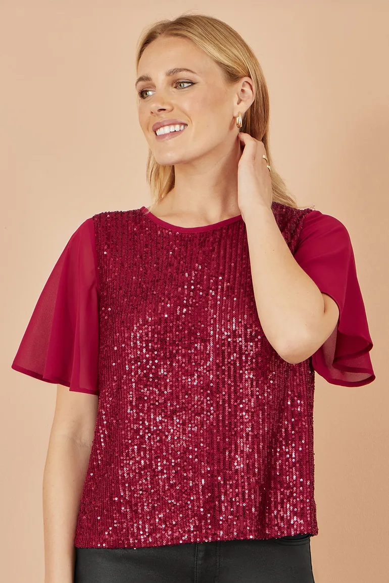 Yumi Burgundy Sequin Top With Sheer Sleeves And Cut Out Back - 6