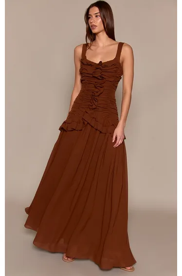 Chocolate Chiffon Ruched Frill Maxi Dress