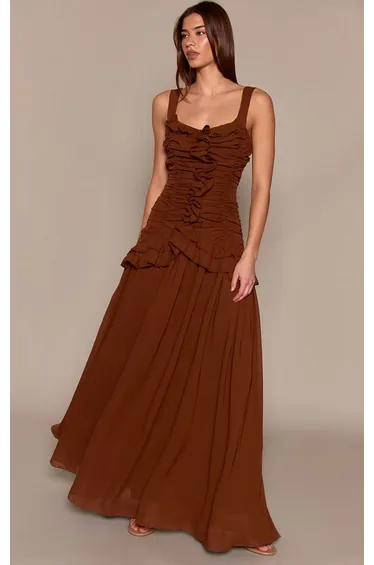Chocolate Chiffon Ruched Frill Maxi Dress
