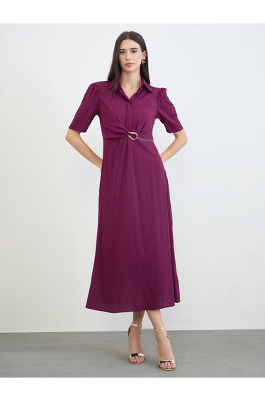 Burgundy Puff Sleeve Shirt Maxi Dress with Chain Belt