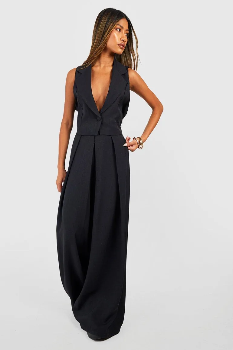 Linen Look Pleat Front Wide Leg Tailored Trousers - black - 2