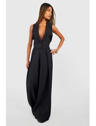 Linen Look Pleat Front Wide Leg Tailored Trousers - black - 2