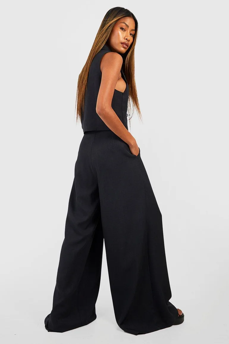 Linen Look Pleat Front Wide Leg Tailored Trousers - black - 1