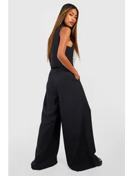 Linen Look Pleat Front Wide Leg Tailored Trousers - black - 1