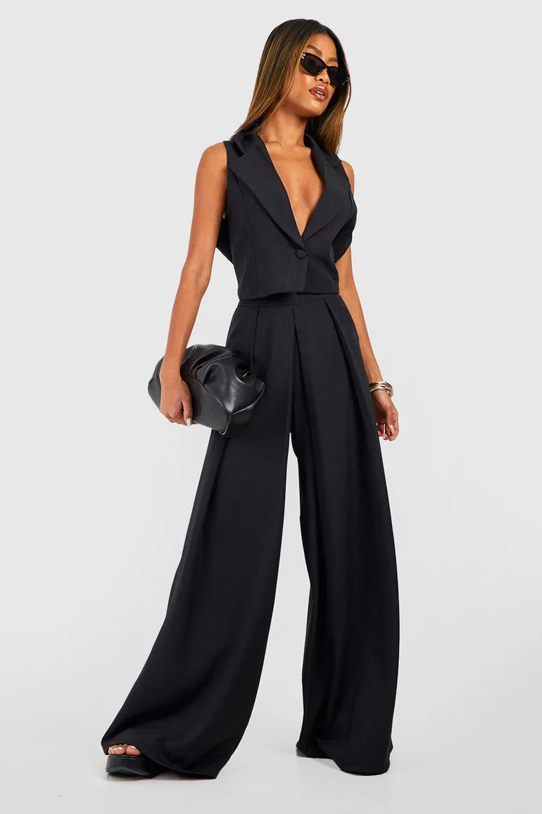 Linen Look Pleat Front Wide Leg Tailored Trousers - black
