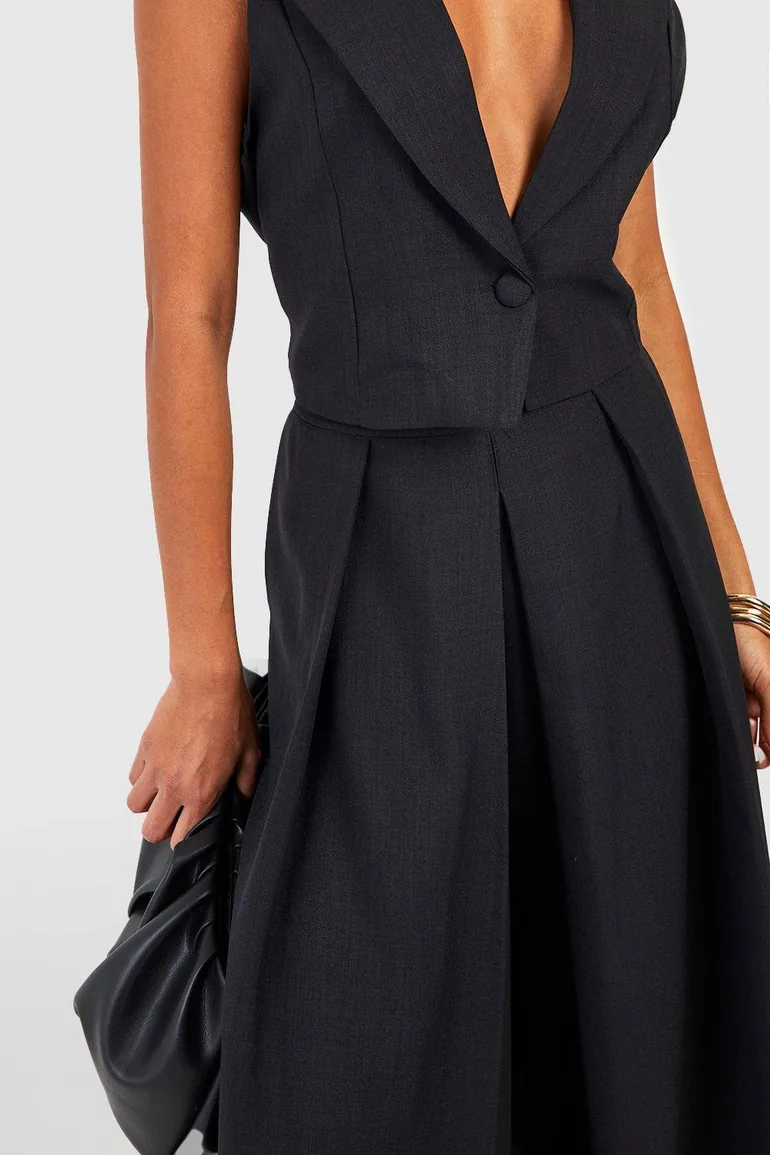 Linen Look Pleat Front Wide Leg Tailored Trousers - black - 3