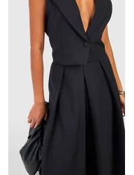 Linen Look Pleat Front Wide Leg Tailored Trousers - black - 3