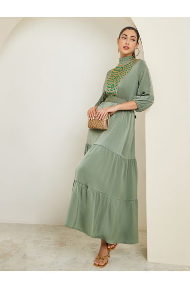 Green Embellished Belted Maxi Dress