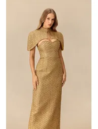 Steal The Spotlight Sweetheart Tweed Maxi Dress With Cape - 5