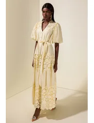 Lace Splicing Puff Sleeve Midi Dress - 5