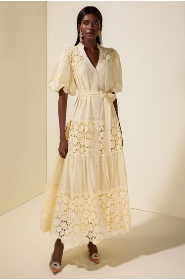 Lace Splicing Puff Sleeve Midi Dress