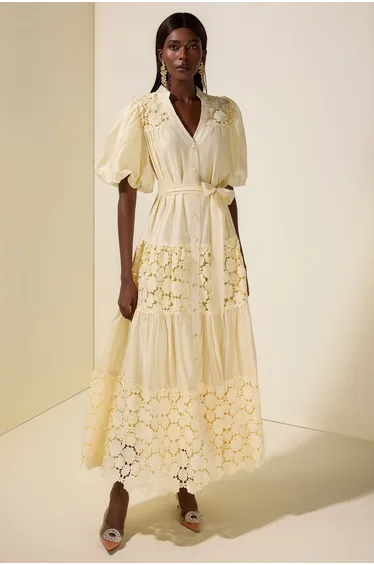 Lace Splicing Puff Sleeve Midi Dress