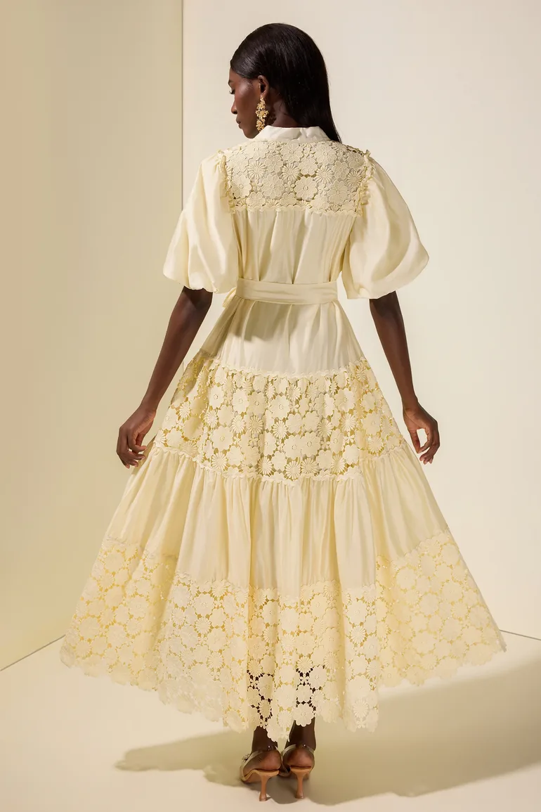 Lace Splicing Puff Sleeve Midi Dress - 1