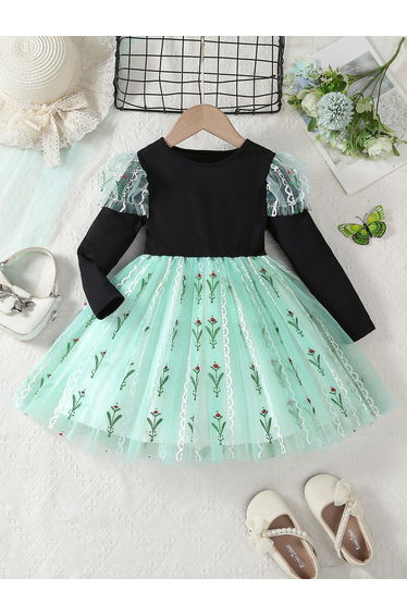 Girls Floral Embroidered Mesh Hem Dress