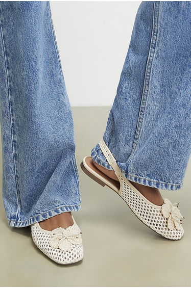 Cream Flower Crochet Flat Slingback Shoes