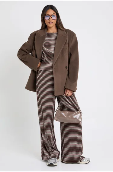 بنطلون مخطط بأرجل عريضة لون بني - للحوامل