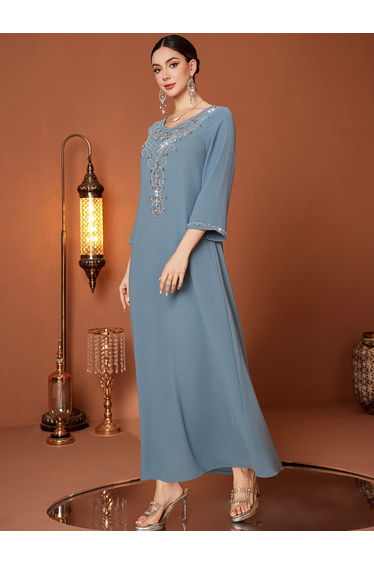 Embellished Long Sleeve Round Neck A-Line Jalabiya