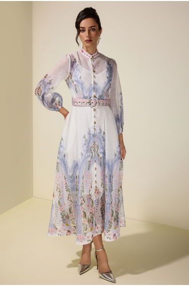 Floral Single Breasted Long Sleeve Midi Dress With Belt