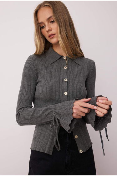 Anthracite Mercerized Look Ribbed Polo Neck Knitwear Cardigan